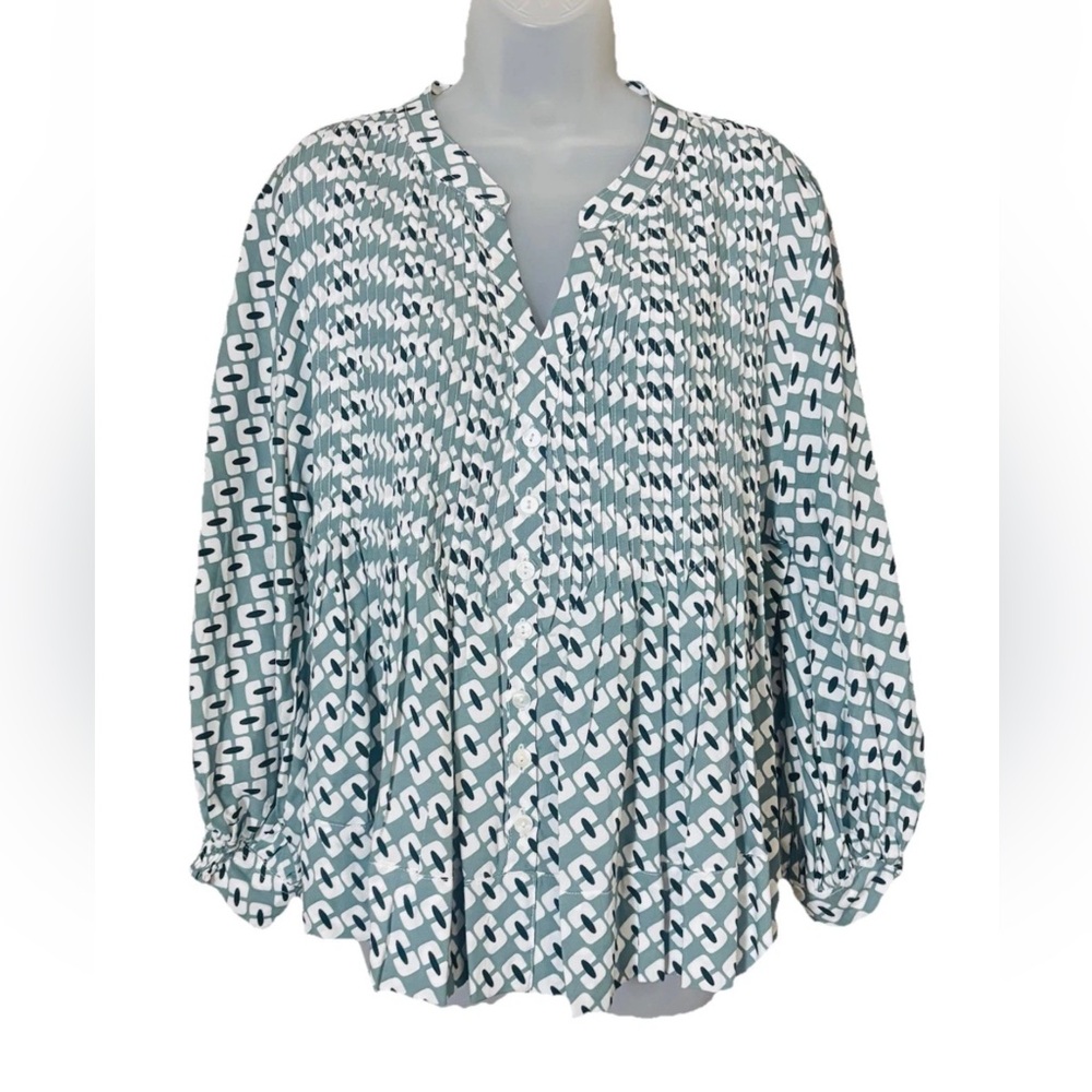 Skemo Womens Geometric Pleated Split Neck Blouse Top Gray Black Size M